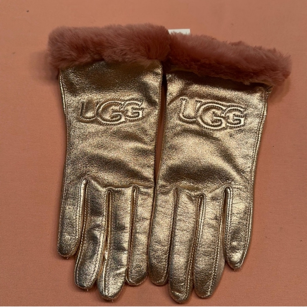 New Ugg Gold Metallic Leather Pink Fur Gloves Medium